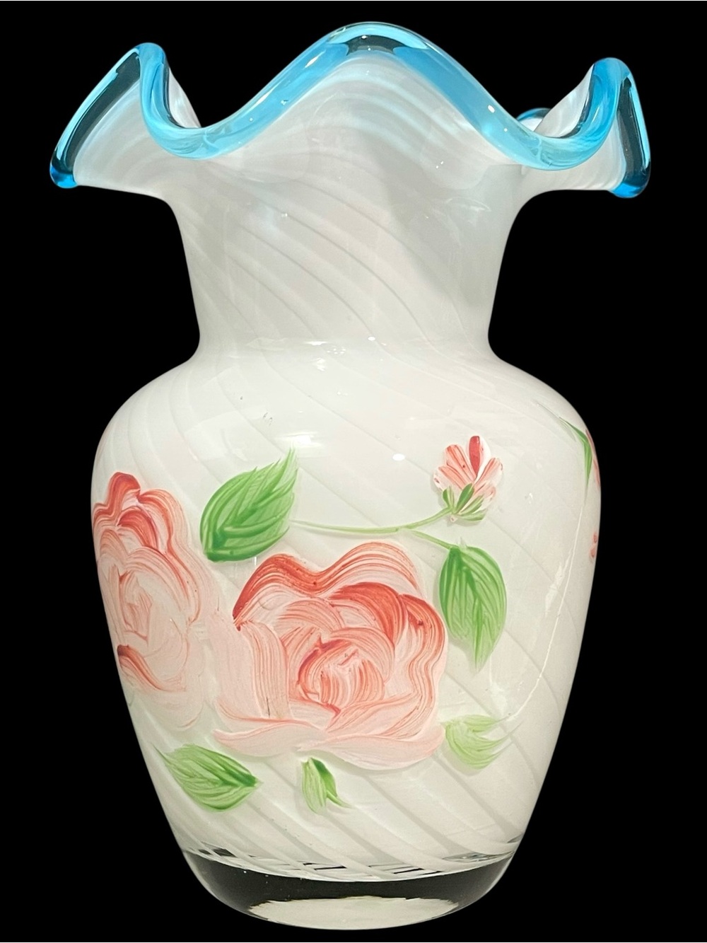 Vintage 1970s Fenton Optic Swirl Opalescent Vase Hand Painted Roses Ruffled Blue